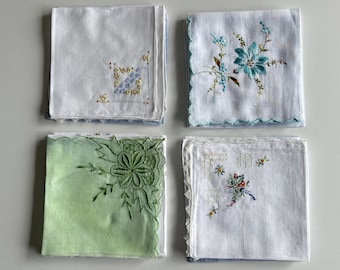 Vintage Handkerchief Collection Bundle Set of 5 White Blue Green Vintage Handkerchiefs