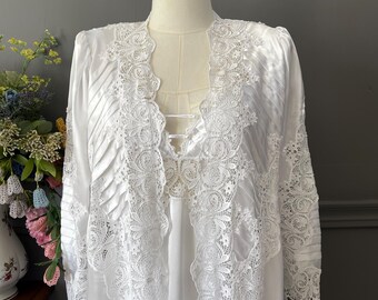 Vintage Y2K Satin Nightgown & Robe Set - Lace Trim Bridal Lingerie - S/M - White Peignoir - 2000s