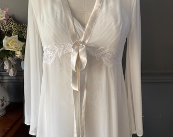Vintage Satin Chiffon Nightgown & Robe Set - 4 Piece Bridal Lingerie - Ecru Sleepwear - XS - 2000s