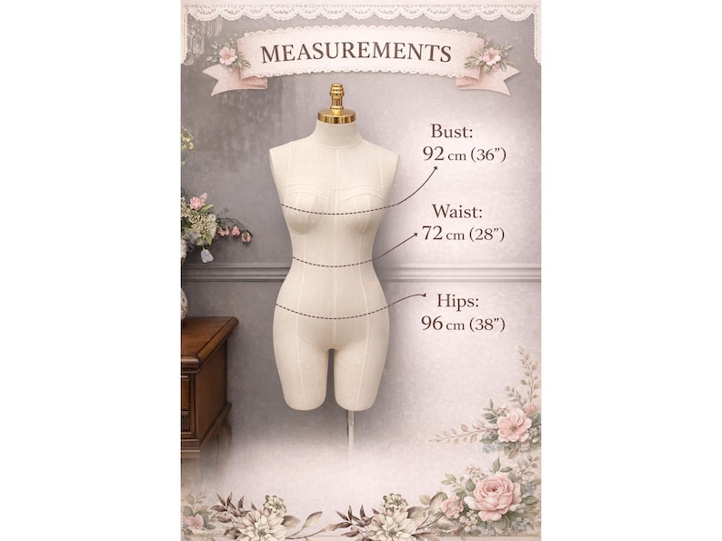 May include: A cream-colored fabric dress form with a gold-toned neck cap. The form displays measurements: bust 36 inches, waist 28 inches, and hips 38 inches. The torso is shaped with visible seams and is mounted on a central vertical metal stand.