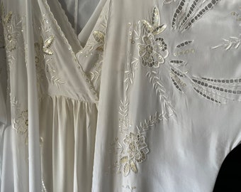 Vintage Silk Robe and Nightgown Set with Embroidery and Beading Wedding