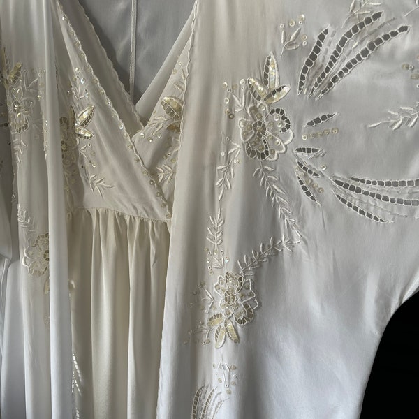 Vintage Silk Robe and Nightgown Set with Embroidery and Beading Wedding