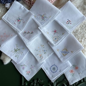 12-Piece Embroidered Handkerchief Set – Vintage Cotton Hanky – Wedding Gift, Retro Birthday Present, Baby Shower & Bridal Party Favor