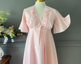 Vintage Pink Nightgown Robe Set Organza Floral Lace Lingerie Romantic Cottagecore Bridal Sleepwear Small