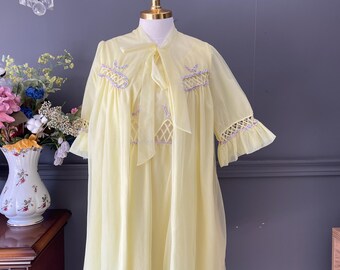 Vintage 60s Yellow Sheer Nightgown Robe Set Lemon Tulle Lingerie Retro Babydoll Sleepwear Romantic Large