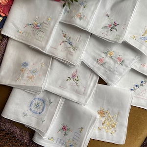 Handmade Handkerchief Napkin Vintage Mothers Day Gift Wedding 80s Gift Flower Hanky Embroidered 12 Pieces image 1