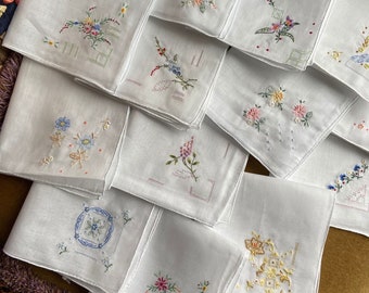 Handmade Handkerchief Napkin Vintage Mother’s Day Gift Wedding 80’s Gift Flower Hanky Embroidered 12 Pieces