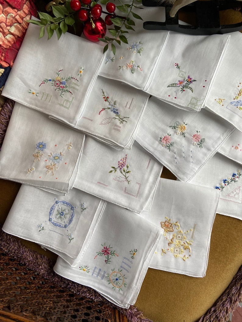 Handmade Handkerchief Napkin Vintage Mothers Day Gift Wedding 80s Gift Flower Hanky Embroidered 12 Pieces image 1