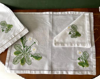 Set de table et napperon brodés vintage des années 1980, coton floral