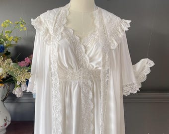Vintage 1980s Silk Nightgown and Robe Set – White Lace Tulle Lingerie, Romantic Bridal Sleepwear, Medium Large