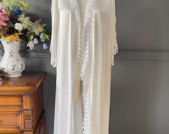 Vintage 1980s Silk Robe – Ecru Lace Trim Dressing Gown, Romantic Bridal Lingerie, Plus Size XXL