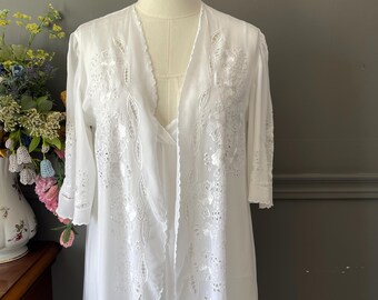 Vintage Taffeta Nightgown & Robe Set - Embroidered Bridal Lingerie - Medium - White Peignoir - 1980s
