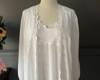 1970s Tulle Lace Nightgown and Robe Set, White Jersey Peignoir, Small