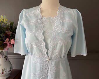 Vintage Nightgown & Robe Set, 1970s Pastel Blue Poplin, Embroidered Bridal Lingerie, S/M