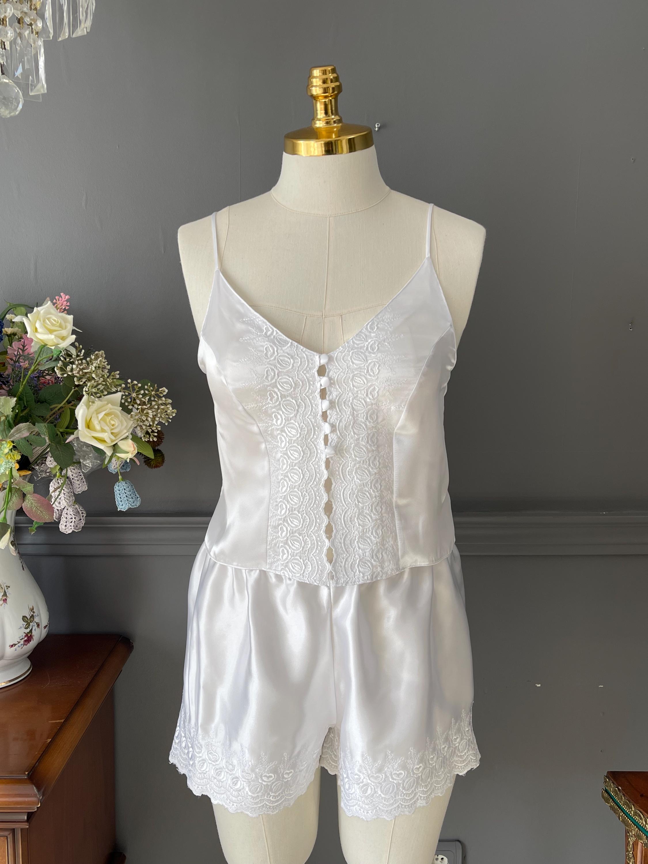 Vintage Satin Camisole & Shorts Set - Embroidered Bridal Lingerie