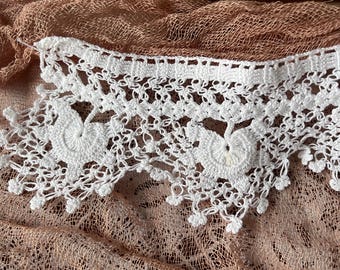 Antique 1940s Crochet Lace Trim | Handmade Cotton Ribbon |  Vintage Sewing Supply