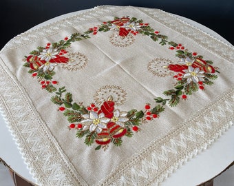 Vintage Antique Handmade Christmas Tablecloth - Colorful Wool Thread Embroidered Beige Linen - Perfect Condition