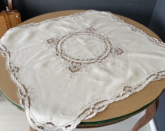 Handmade Vintage Linen Tablecloth: Beige Embroidery, 1960s Cutwork