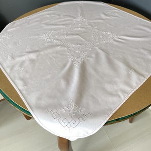 Vintage Light Pink Hand-Embroidered Tablecloth with Openwork Details, Ajur Technique, 85x85 cm (33.5x33.5 inches), Flawless Condition