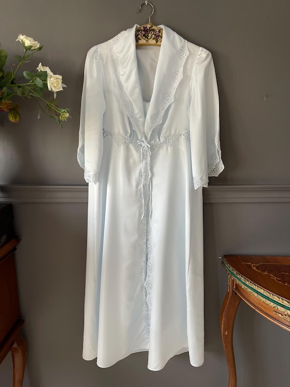 Vintage Blue Satin Nightgown and Robe Set With Lace Detail 1990s