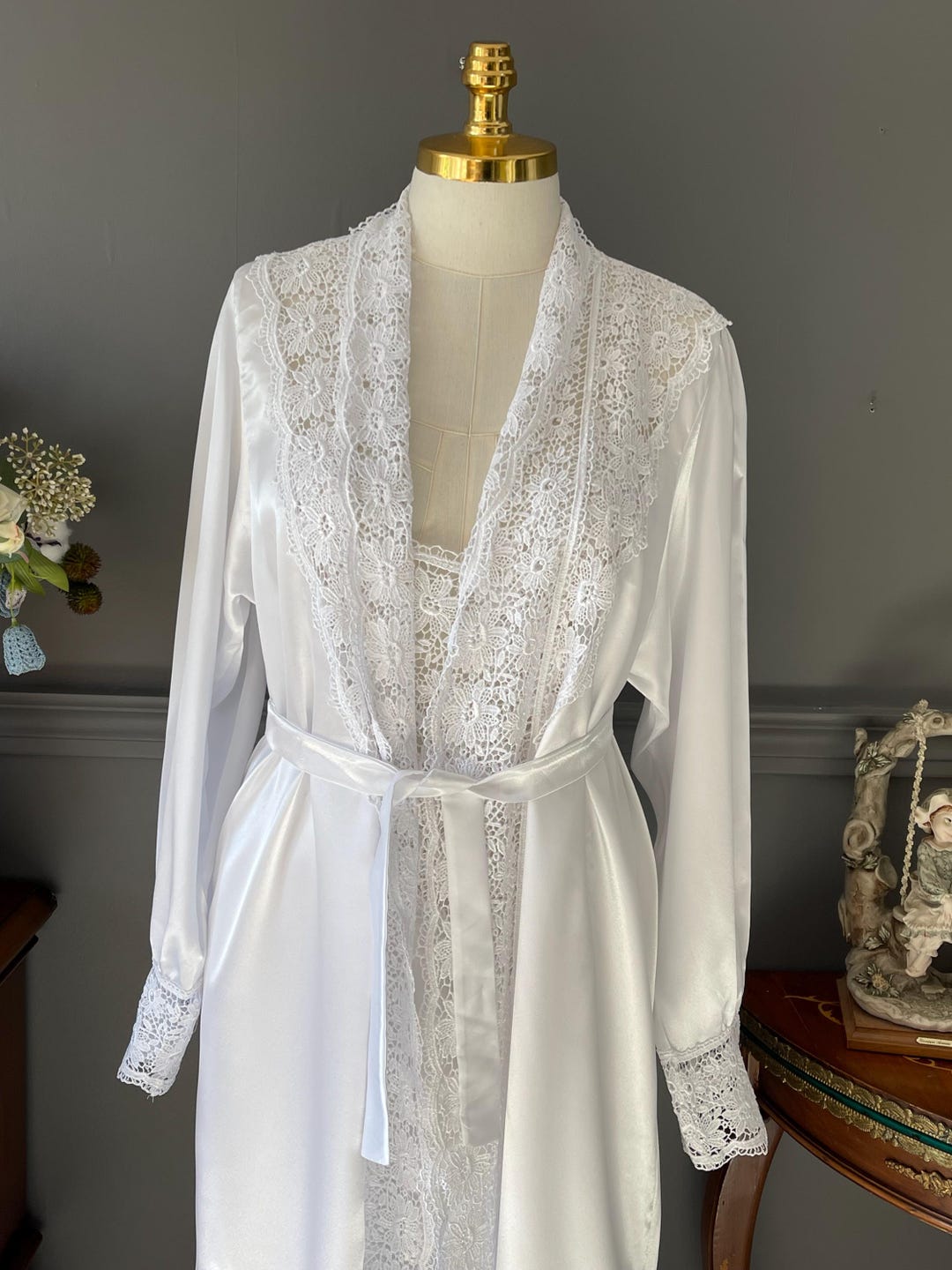 Satin Nightgown & Robe Set – Large – Guipure Lace Trim – 90s Lingerie ...