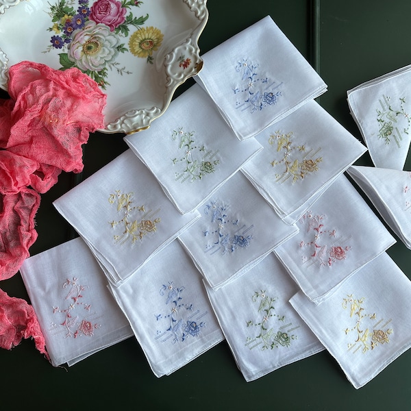 Handmade Handkerchief Napkin Vintage Gift Wedding 80’s Gift Flower Hanky Embroidered 12 Pieces