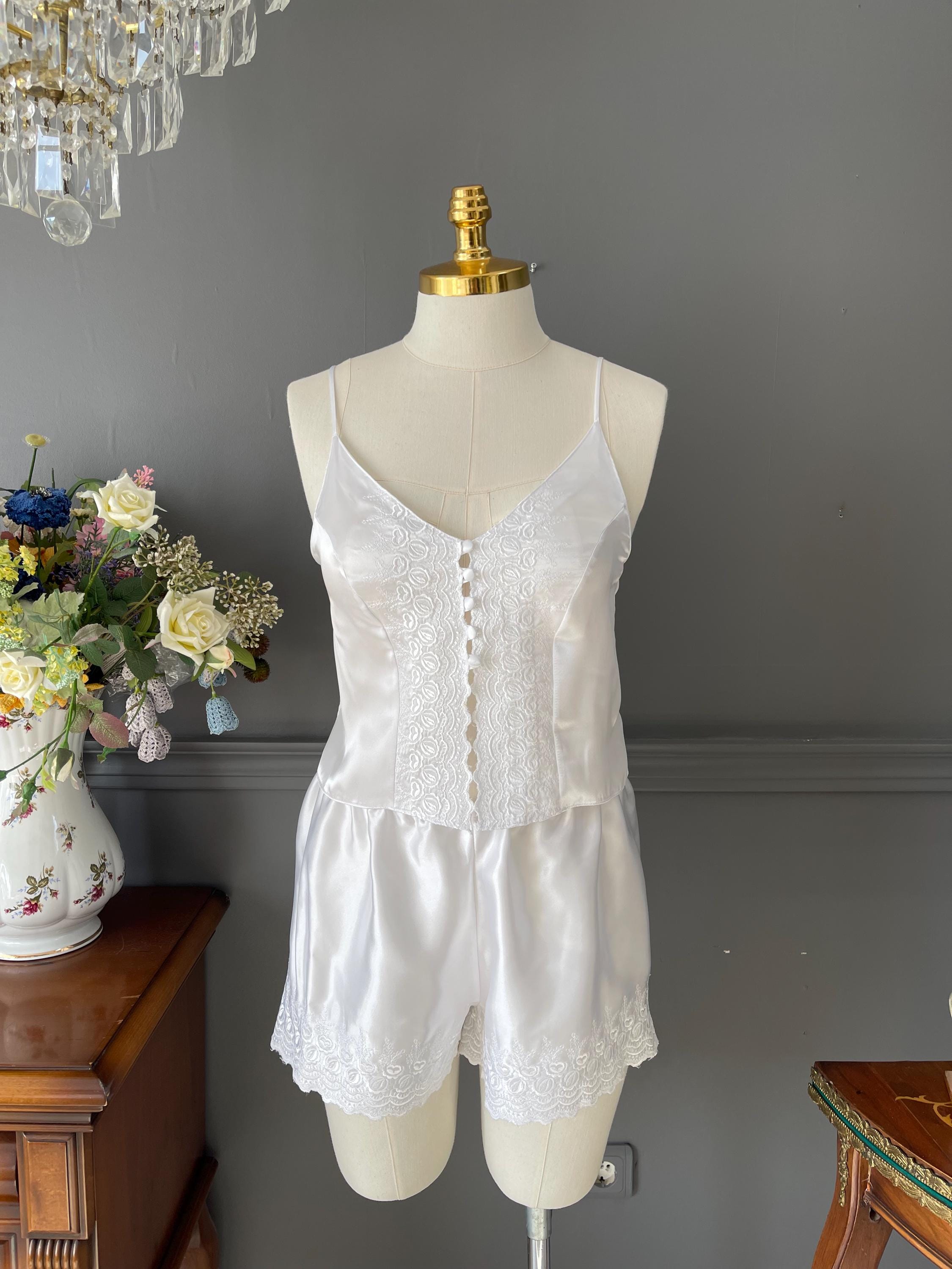 Vintage Satin Camisole & Shorts Set - Embroidered Bridal Lingerie