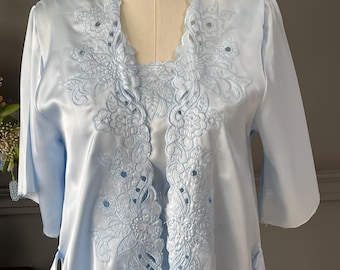 Vintage Blue Satin Nightgown & Robe Set – 1980s Elegant Sleepwear, Romantic Feminine Loungewear - Medium