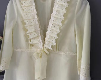 Conjunto de camisola e robe de popeline amarela – Tamanho pequeno – Roupa de dormir para noivas – Anos 70