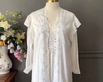 Vintage Taffeta Nightgown & Robe Set - Embroidered Bridal Lingerie - Small - Ecru Peignoir - 1980s