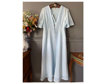 Conjunto de camisola e robe em popeline azul dos anos 60: lingerie nupcial com detalhes em renda, tamanho médio.