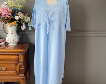 Vintage 1990s Blue Nightgown Robe Set XXL Plus Size Long Lingerie Polyester Sleepwear Peignoir