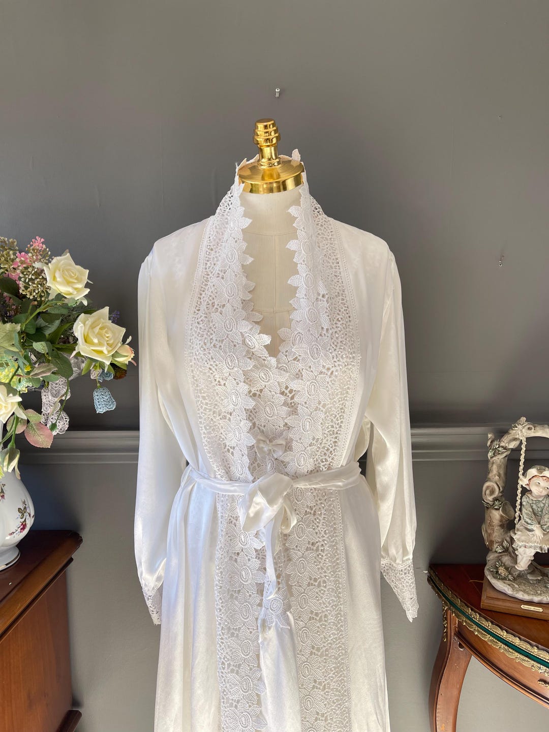 Vintage 90s Satin Nightgown Robe Set | White Lace Lingerie, Small - Etsy
