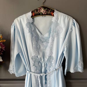 Vintage Blue Satin Nightgown and Robe Set with Embroidered Tulle 1980s Bridal Lingerie Medium Large Size Elegant Sleepwear for Lucky Brides