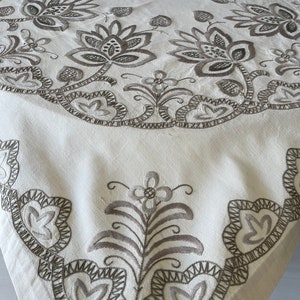 Handgefertigte Vintage Antik Beige Leinen Tischdecke Stickerei Cutwork Point de Venezia Jugendstil 60er Jahre Tischdecke