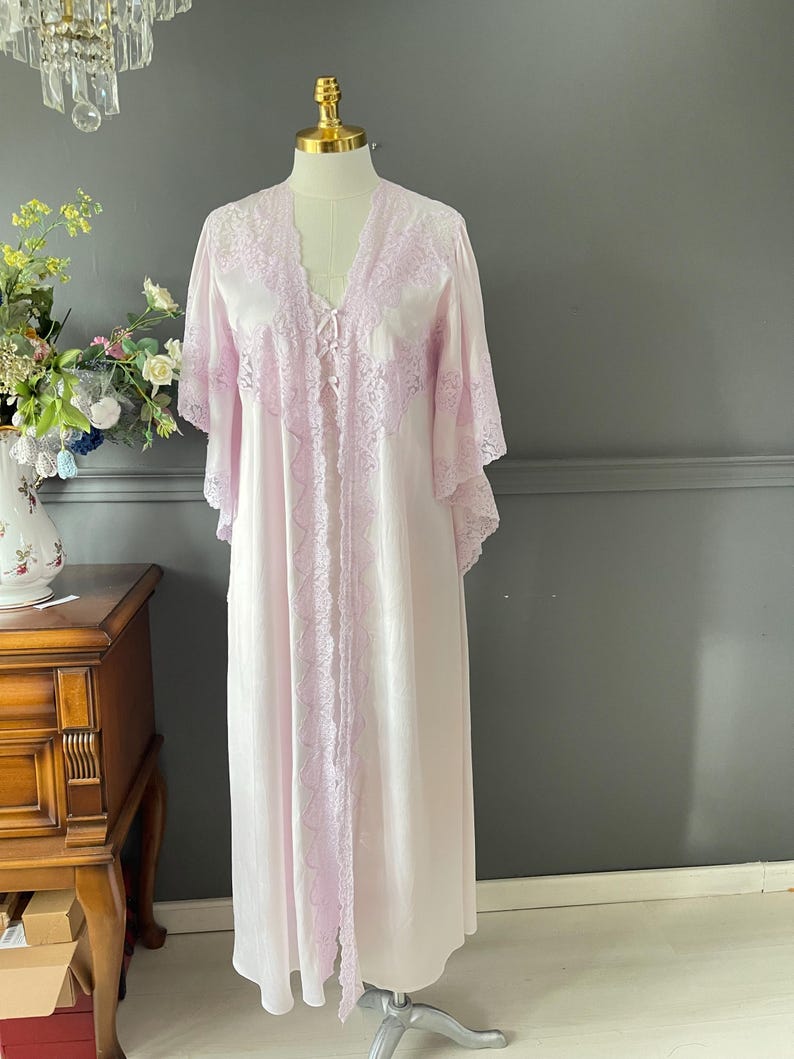 Old Style Robe Satin Vintage Nightgown & Robe Set, 1980s Tulle Lace Lingerie, Romantic ...