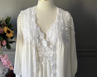 Guipure Lace Nightgown and Robe Set, Romantic Vintage Peignoir, Ecru Bridal Lingerie, 1980s, XL