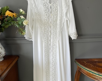 Vintage Peignoir Set, 1970s Jersey Nightgown & Robe, Tulle Lace Bridal Lingerie, Small
