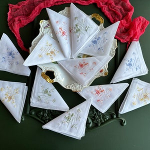 Vintage Embroidered Handkerchief  Floral Cotton Hanky Inspired Wedding Gift, Bridal Shower , Elegant Napkin for Occasions - 12 Pieces Set