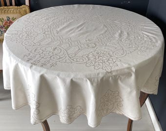 Hand-Embroidered Beige Cotton Cover from 1960s, Intricate Stitching, 145 cm (57 Inches)