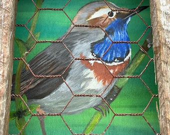 Rustic birdhouse wall hanging hand painted with bird