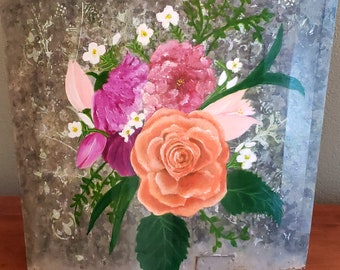 Hand painted floral on vintage windmill blade piece