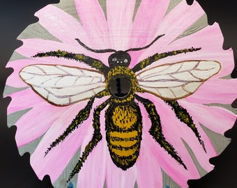 Sawblade repurposed wall hanging hand painted with bee on pink flower