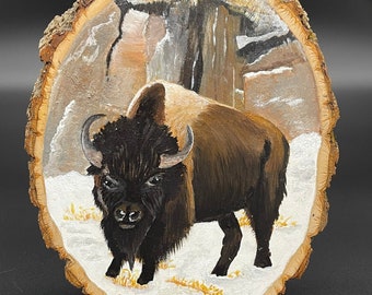 Hand painted buffalo on raw edge wood