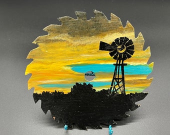 Hand painted 7 in. Saw blade windmill sunset