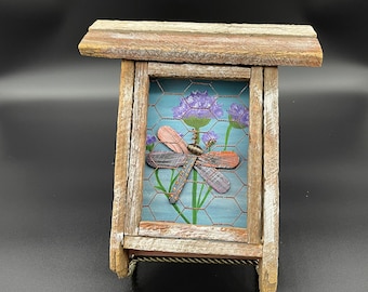 Rustic hand painted dragonfly birdhouse wall hanging made from repurposed wood