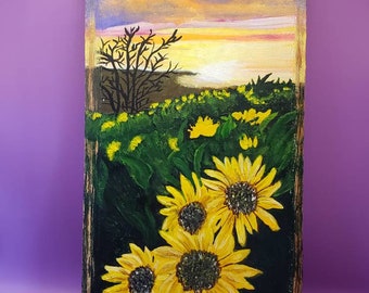 Sunflowers hand painted on vintage cabinet door with leather strap for hanging