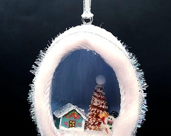 Hand crafted goose egg diorama Christmas ornament