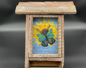 Rustic birdhouse wall hanging hand painted with butterfly