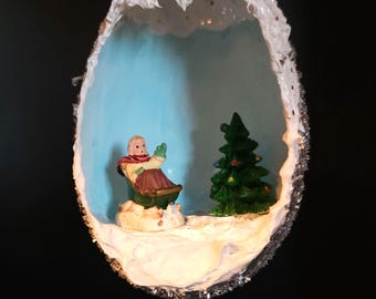 Hand crafted goose egg diorama Christmas ornament